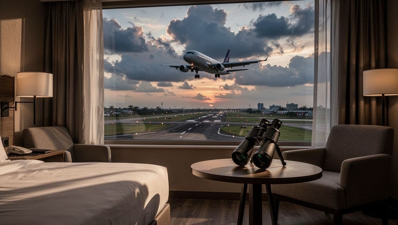 Hotel room window in Accra with direct view of Kotoka International Airport runway, showing a passenger jet landing at dusk amid dramatic skies, spotting equipment on table in cozy modern interior.