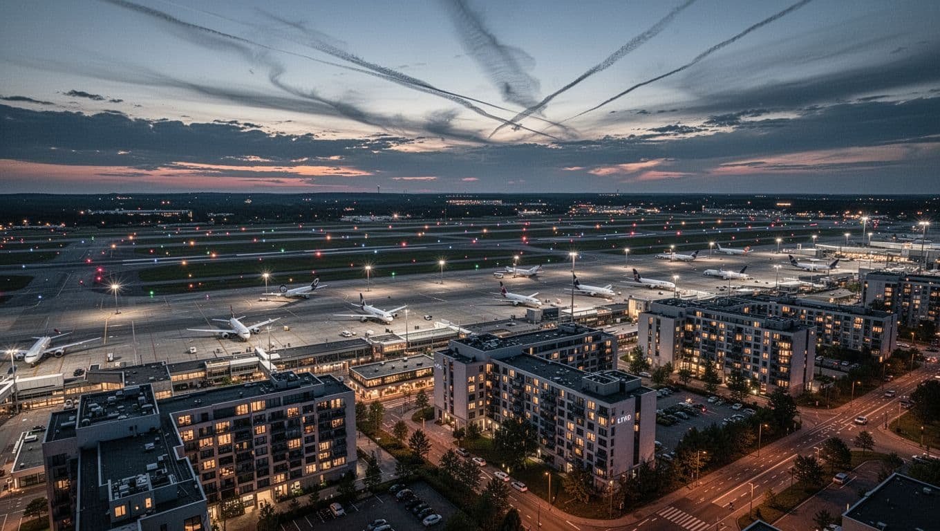 Aerial view of Philadelphia International Airport (PHL) at dusk featuring lit runways, planes on the tarmac, and surrounding hotels with illuminated windows facing the airport, highlighting proximity for plane spotting.
