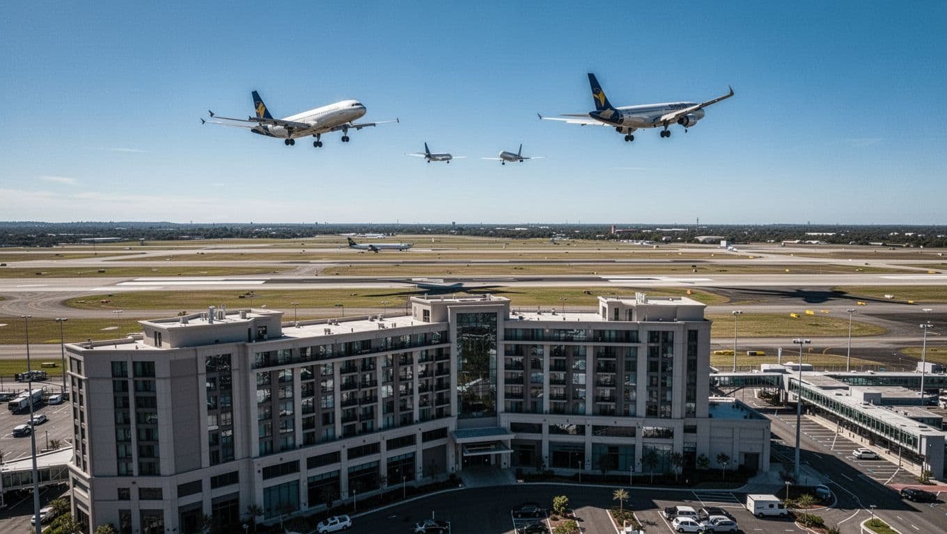 Aerial perspective of an airport hotel positioned directly beside the runway, showcasing planes landing and taking off, with rooms oriented towards the action under clear blue skies.