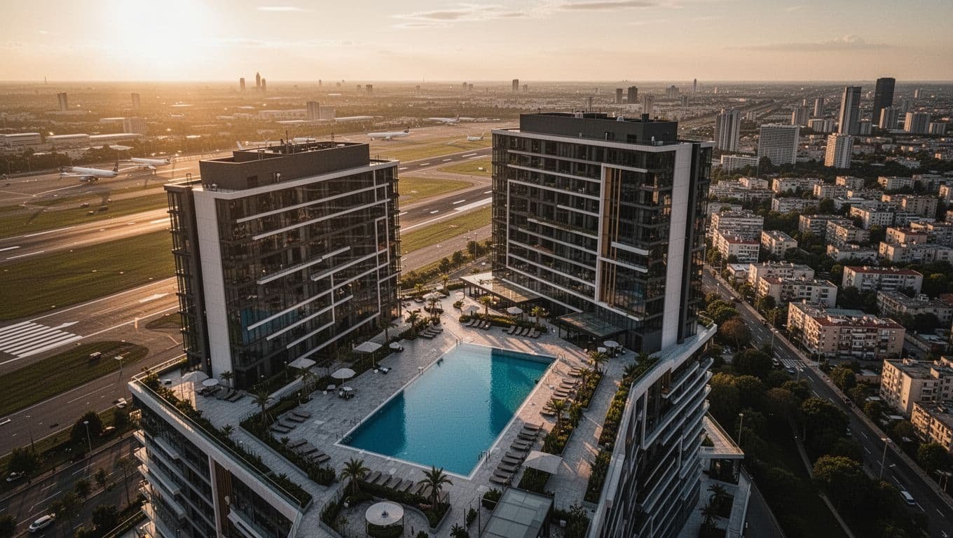 Aerial perspective of the modern Airport View Hotel near Kotoka International Airport in Accra, Ghana, showcasing its pool amid cityscape with a visible distant runway under dramatic golden hour lighting.