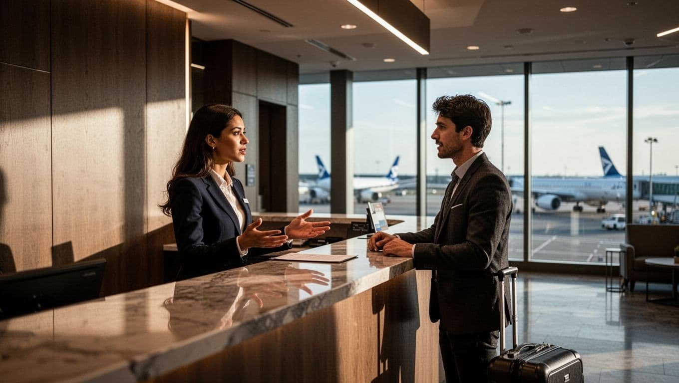 Modern airport hotel lobby front desk featuring one guest and one staff member discussing room assignment, wide-angle composition with counter, background windows showing vague airport view, cinematic style with strong contrast and dramatic lighting.