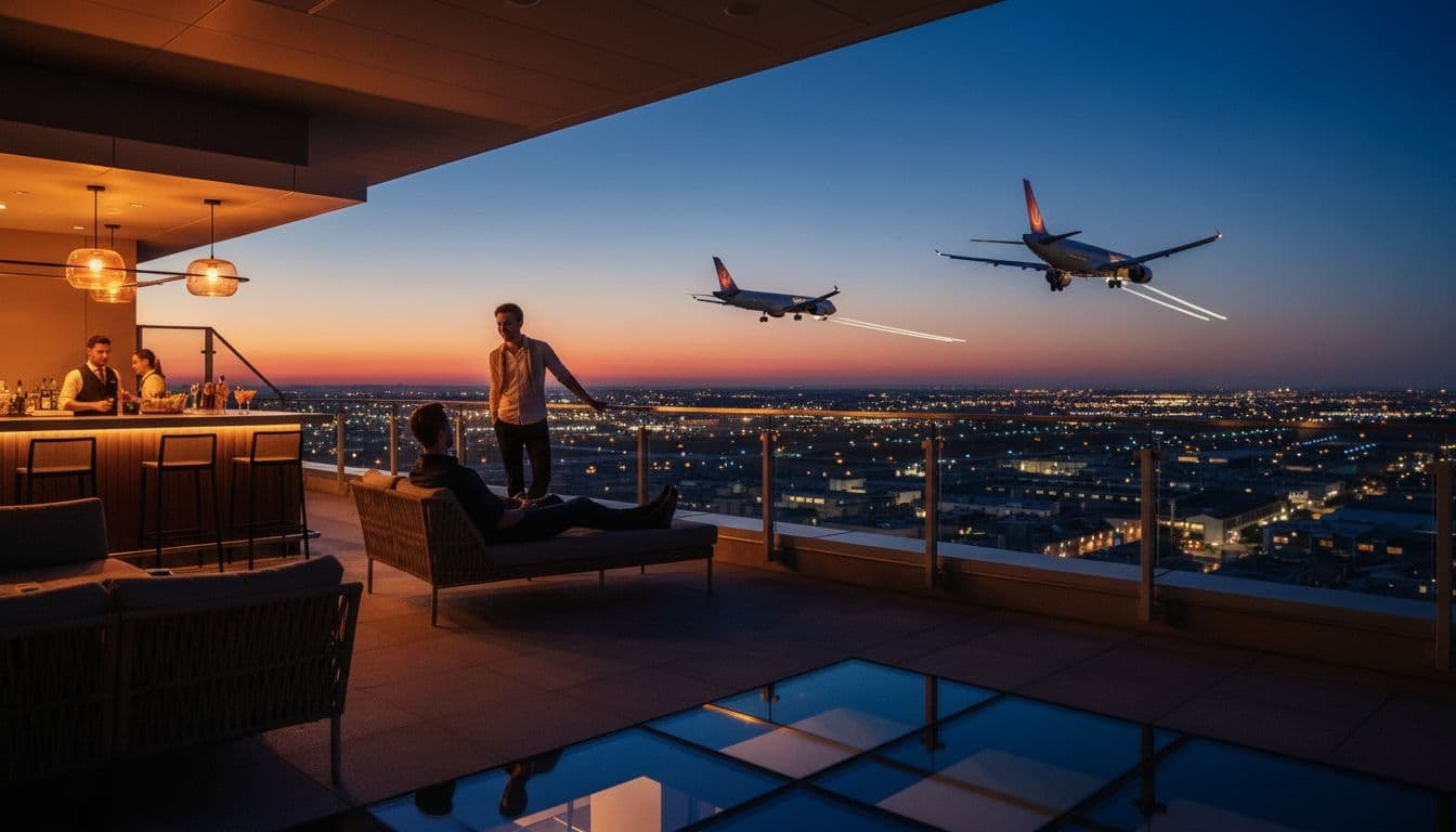 Rooftop terrace of an airport hotel at dusk with planes approaching the runway in the background, lounge chairs, bar area with drinks, and city lights glowing. Two people chat relaxedly in strong contrast, depth, and dramatic cinematic lighting.