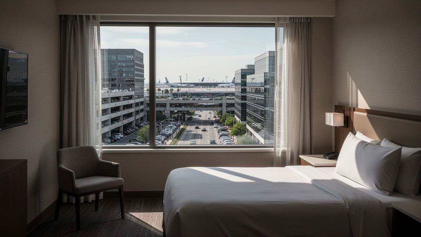 Hotel room window reveals busy road, parking garage, and office buildings instead of runway, with distant blocked airport terminal; modern interior with bed and chair, cinematic lighting.