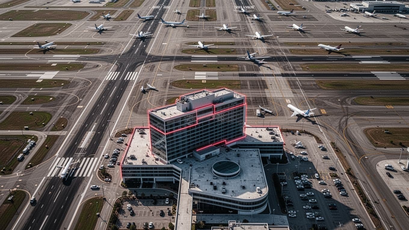 Satellite map view of a modern airport hotel adjacent to busy runways at a major US airport, with clear sight lines from the east wing to parallel runways and planes taxiing, hotel highlighted in subtle red outline.