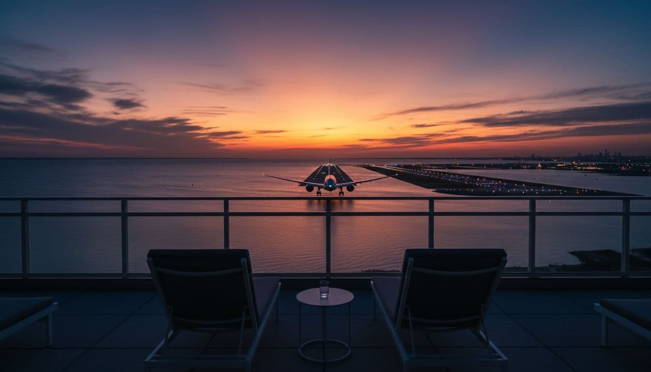 Empty hotel terrace on airport perimeter near waterfront overlooking low-approach flight path with descending commercial airliner towards distant runway in dramatic dusk lighting, cinematic style.