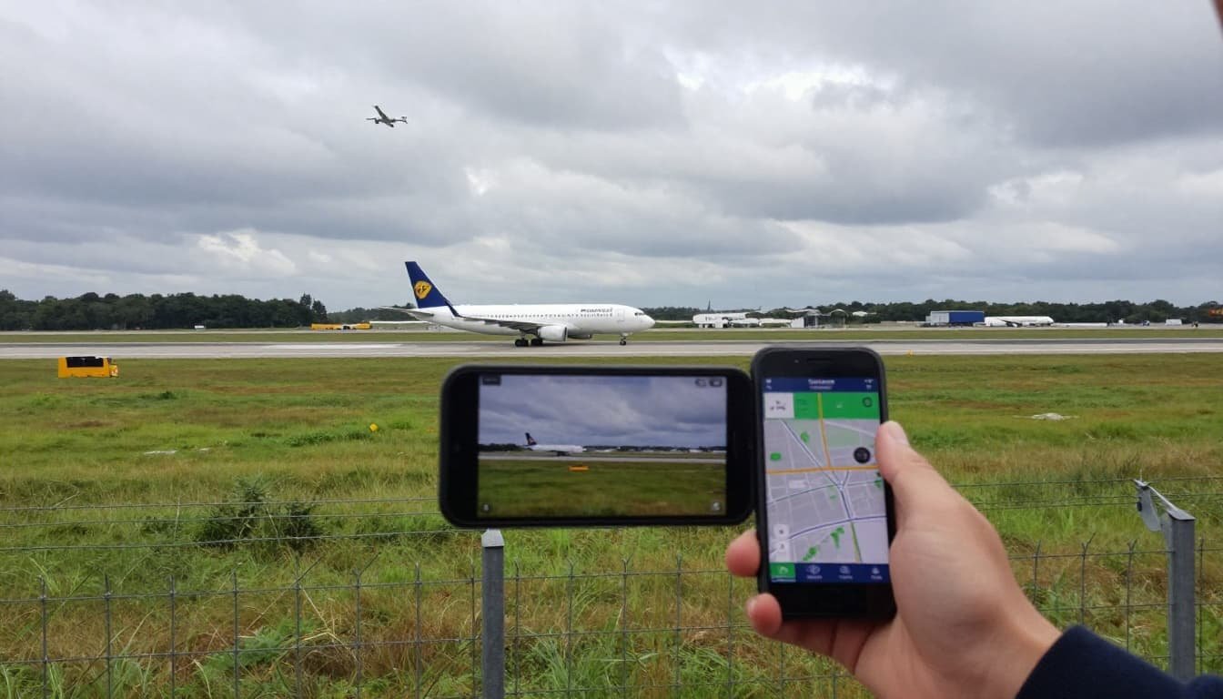 A single aviation enthusiast stands relaxed near an airport perimeter fence, holding a smartphone displaying a blurred flight tracking app map. Distant runway shows a taxiing plane, with an approaching aircraft in the overcast sky, grassy foreground, dramatic cinematic lighting.