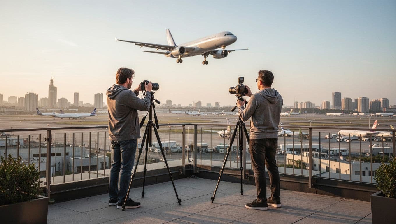 Two aviation enthusiasts with cameras on tripods capture a landing airplane from a hotel rooftop terrace at golden hour, featuring clear airport views, relaxed poses, safety railings, and cityscape background in cinematic style with dramatic lighting.