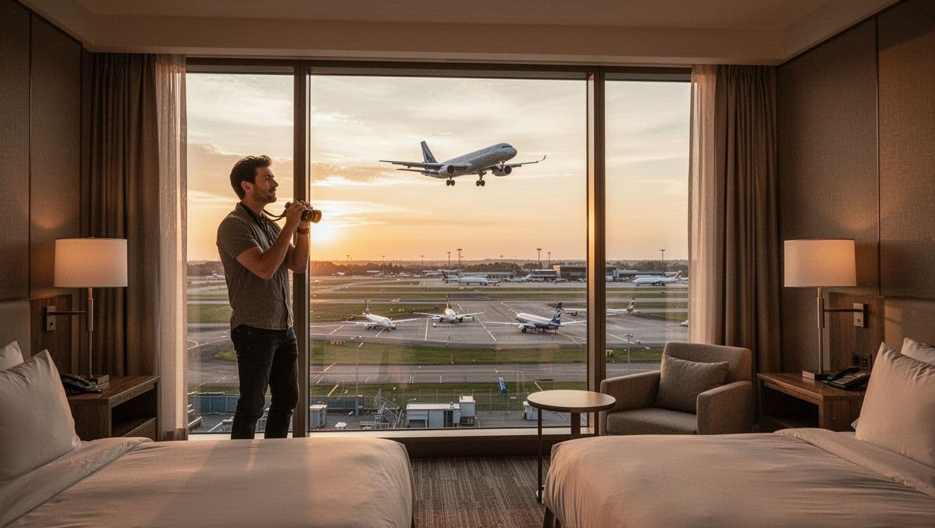 Modern cozy hotel room with floor-to-ceiling window overlooking active Birmingham Airport runway, planes taxiing and landing, one relaxed plane spotter by window with binoculars in evening golden hour cinematic lighting.