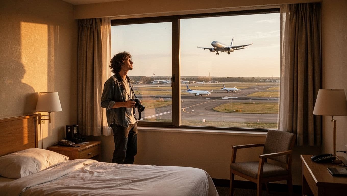 Simple budget hotel room interior with a large clean window overlooking an active airport runway, planes taxiing and landing during golden hour. One person stands relaxed by the window holding a camera, high-angle view of basic room with bed and chair.
