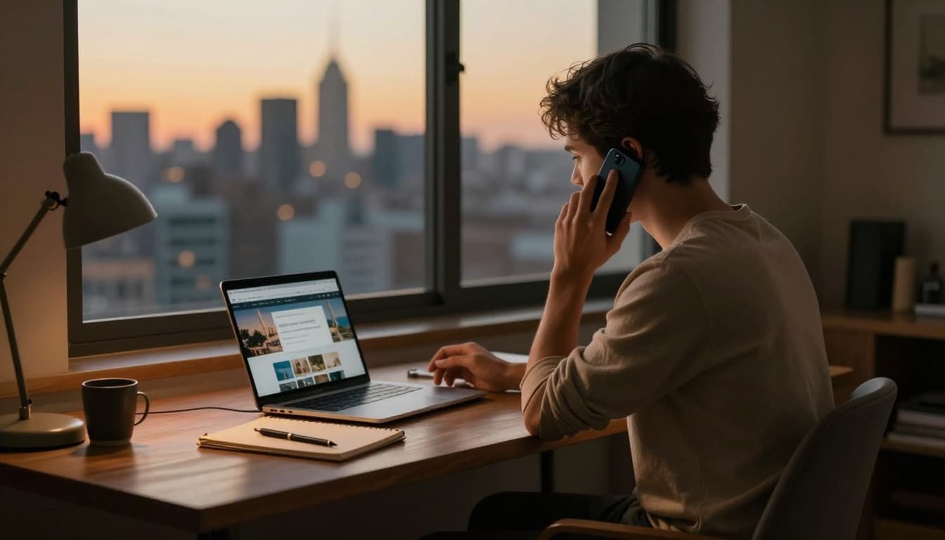 A person in casual clothes sits relaxed at a wooden desk in a cozy home office, holding a phone to their ear while a laptop shows a blurred hotel website nearby. Soft golden hour light streams through a window with city skyline, notebook and pen on desk, cinematic style with dramatic contrast.