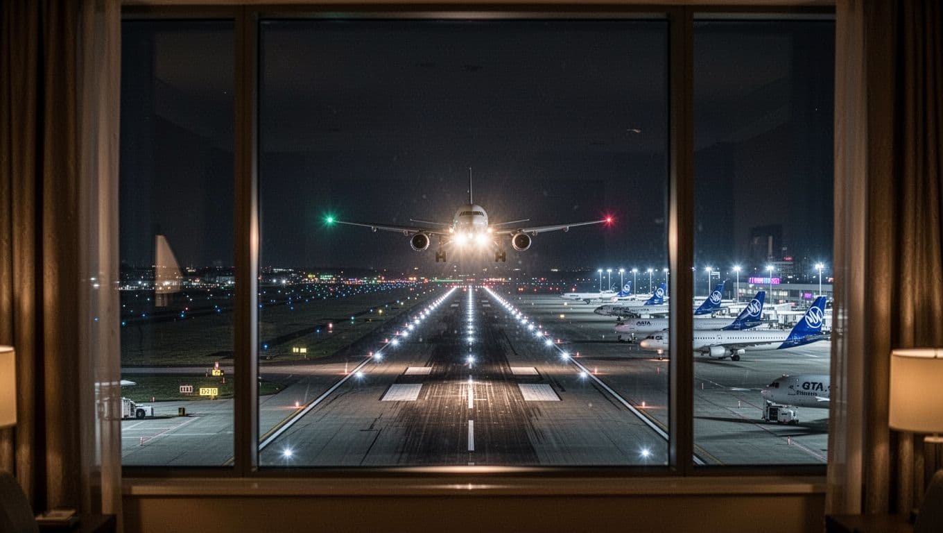 Dramatic nighttime view from a Changi Airport plane spotter hotel room window, featuring runway lights, an approaching plane with landing lights, and illuminated parked aircraft on the apron.