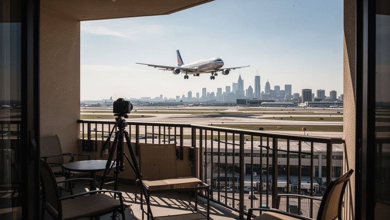 Daytime cinematic view from an empty hotel balcony overlooking Midway Airport (MDW) in Chicago, showing a plane landing on the runway, city skyline in the distance, with spotting gear like a camera on tripod.