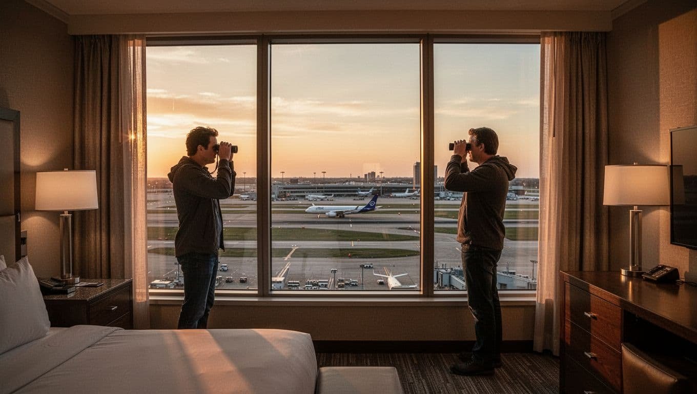 An aviation enthusiast stands by floor-to-ceiling windows in a modern hotel room overlooking Chicago O'Hare airport runway at dusk, with planes taxiing in golden hour light.