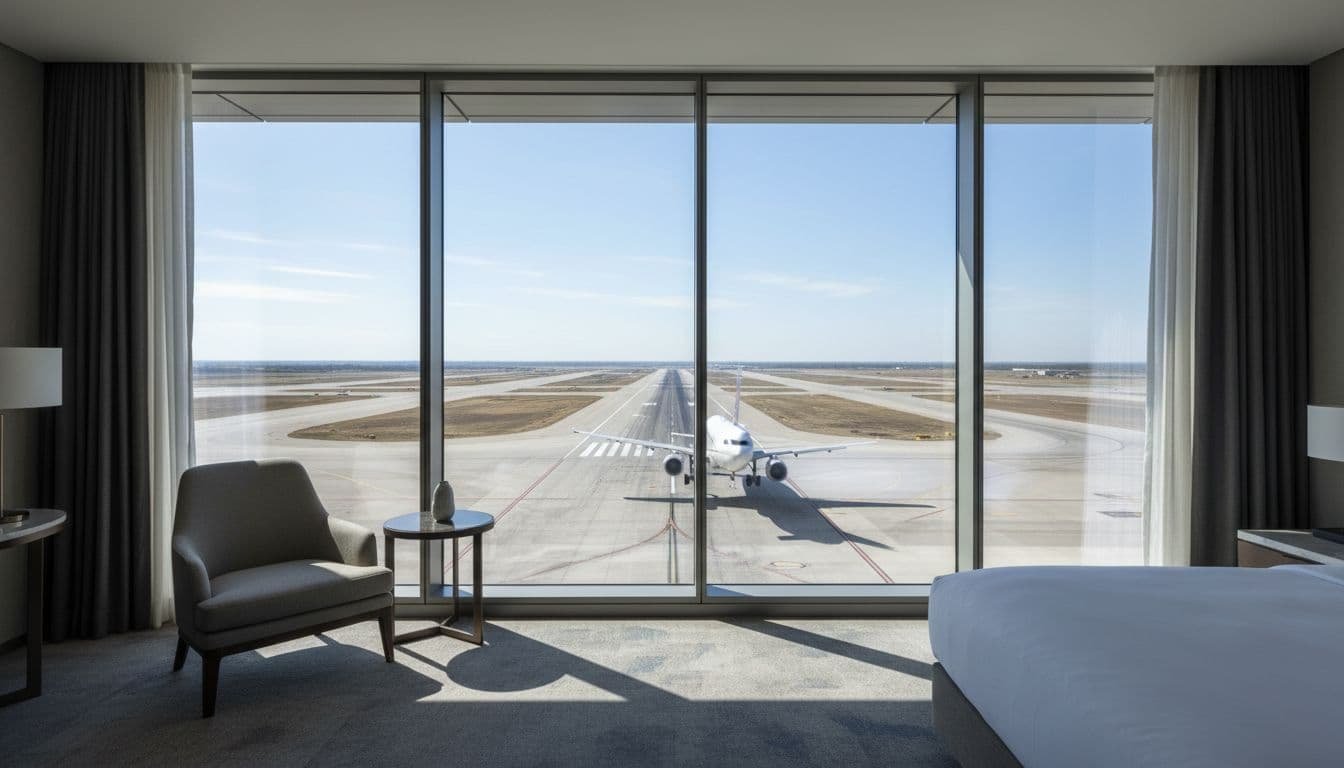 Floor-to-ceiling hotel window on high floor offers pristine view of aircraft landing on runway, with bright natural light and modern room interior.