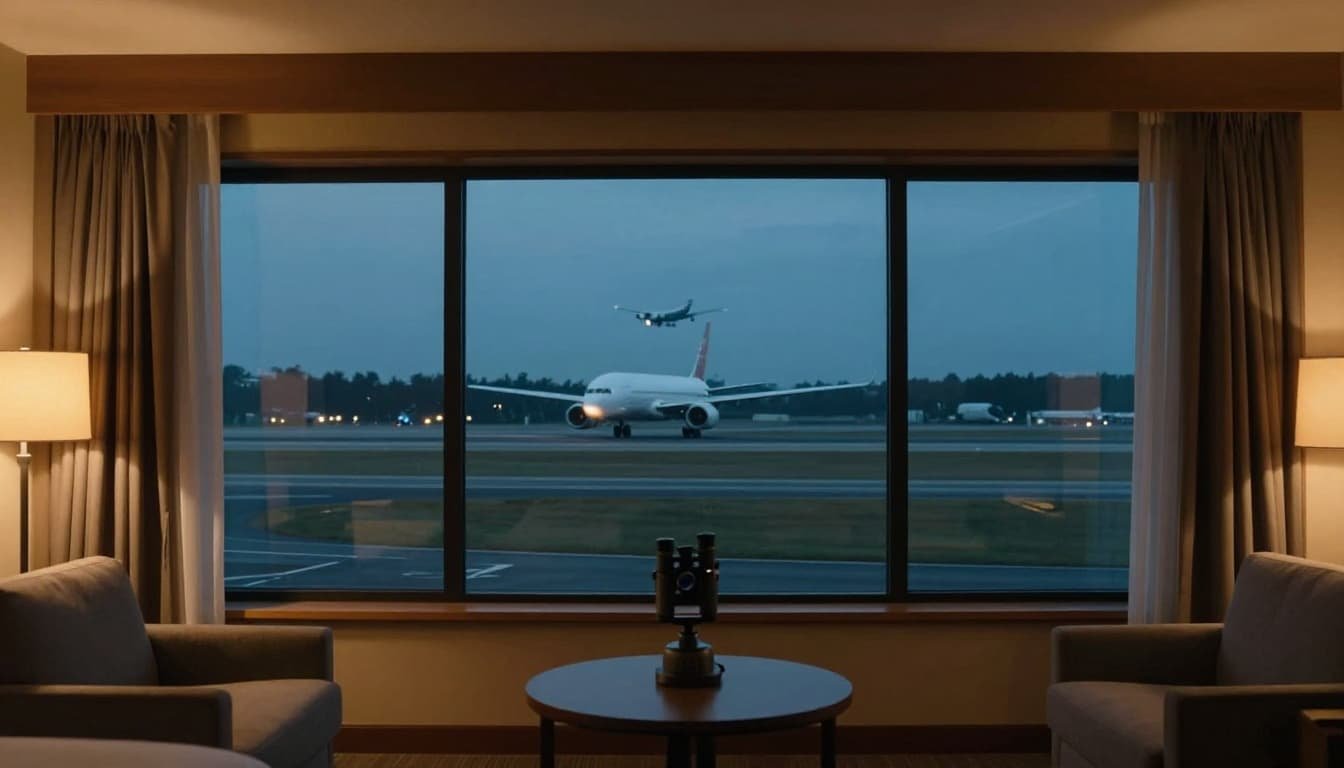 Cozy hotel room interior with a large window framing a runway view of an aircraft landing nearby. Warm room lighting contrasts the cool evening sky, featuring a spotting scope on the table in cinematic style.