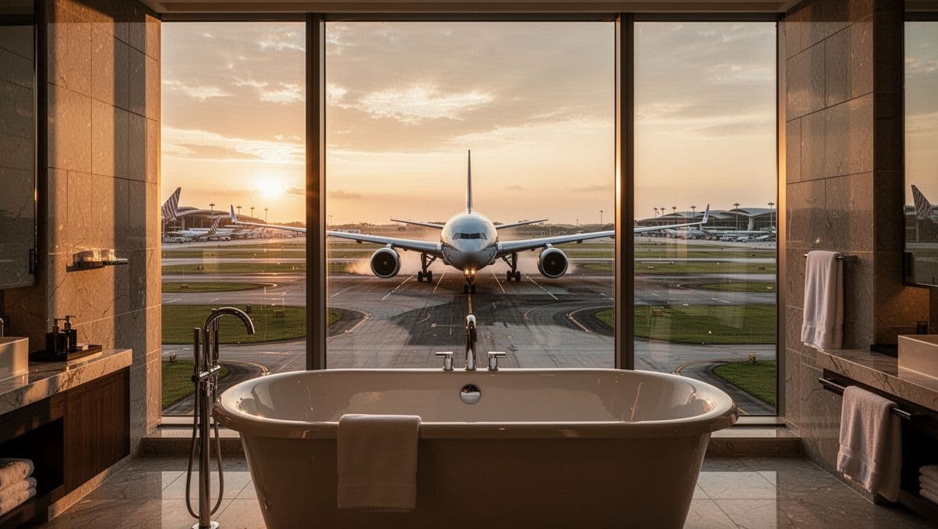 Dramatic golden hour sunset view from Crowne Plaza Changi Airport hotel room bathtub, overlooking active runway with a passenger jet taxiing for takeoff, cinematic style with high detail.
