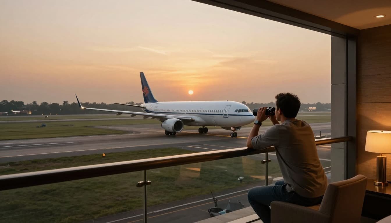 Luxury hotel room balcony in Delhi Aerocity overlooking Indira Gandhi International Airport runway during golden hour, featuring a large plane taking off and one aviation enthusiast watching with binoculars.