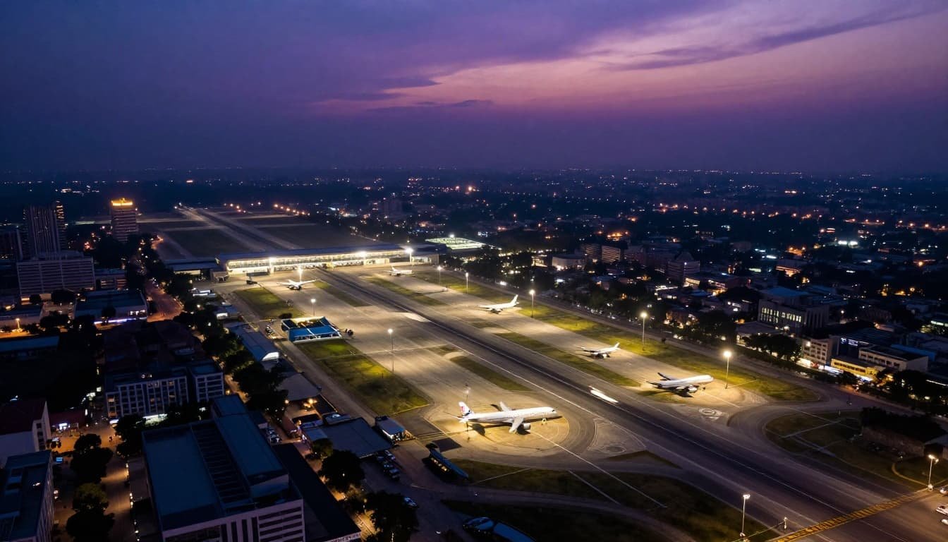 Aerial view of Indira Gandhi International Airport in Delhi at dusk, showcasing lit runways, planes on the tarmac, and nearby Aerocity hotels in cinematic style with dramatic blue-purple lighting.