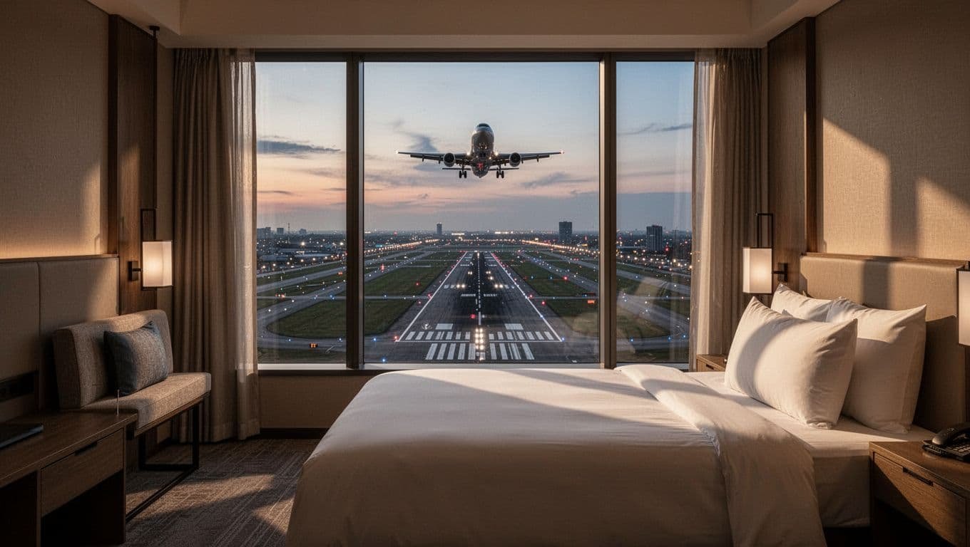 Aerial view of planes taking off from DFW runway seen from a modern hotel room window at dusk, with city lights in the background and one hotel room interior with bed visible, in cinematic style.