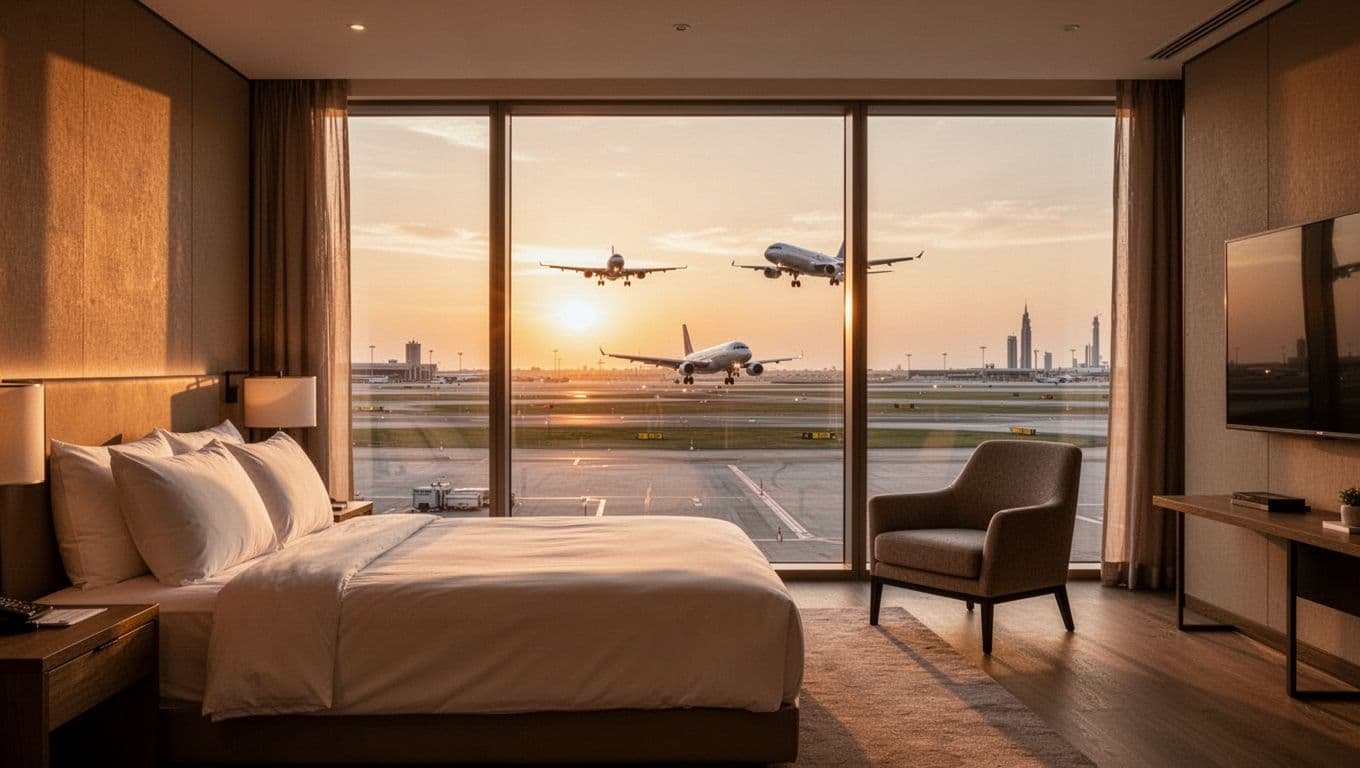 Cozy modern empty hotel room in Dubai International Airport with large window overlooking active runway, planes landing and taxiing during sunset, wide cinematic composition.