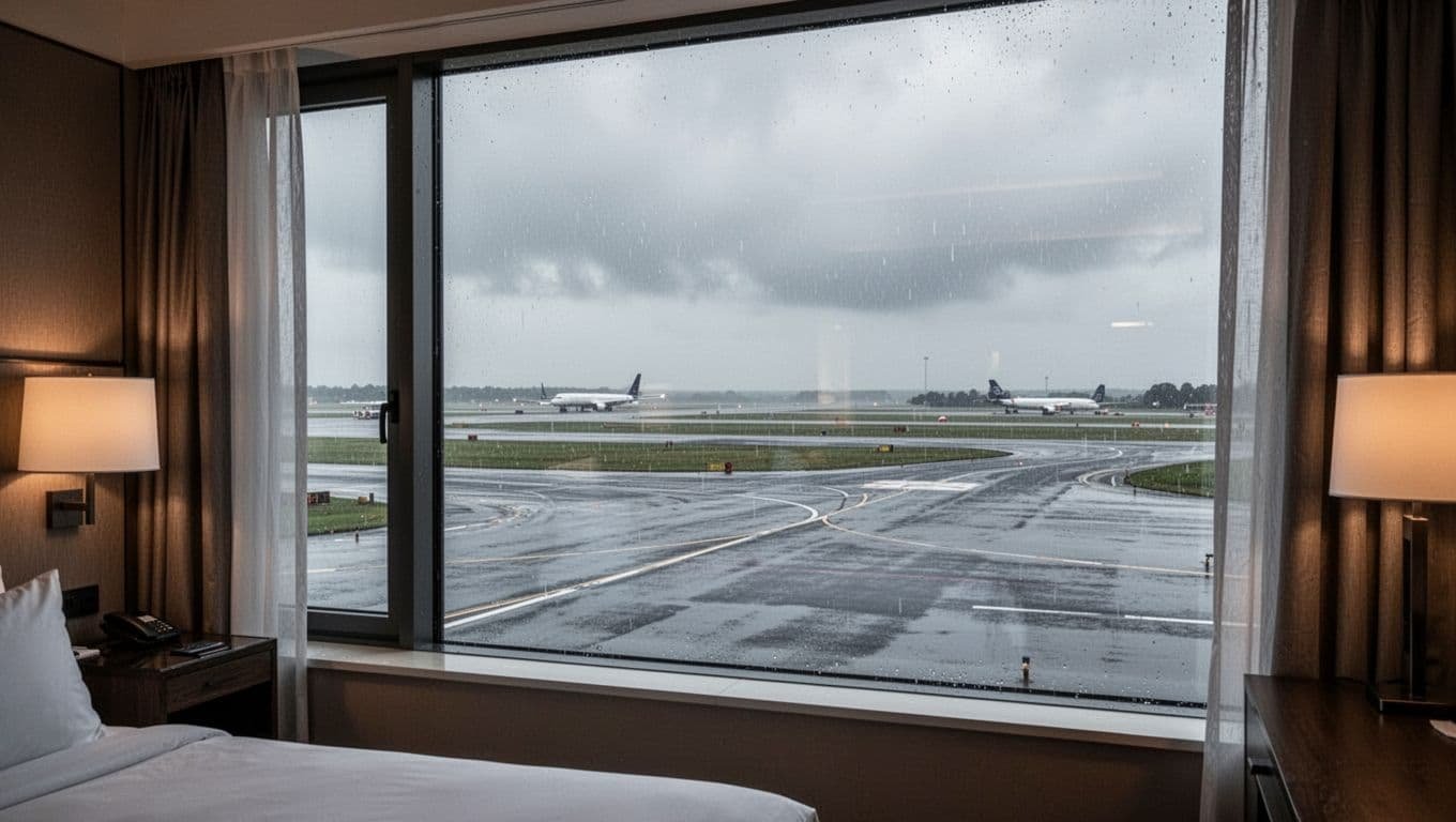 A hotel room window frames an empty airport runway under overcast skies with light rain, featuring gray clouds, no planes or people, and a modern interior partially visible in cinematic style with dramatic contrast and depth.