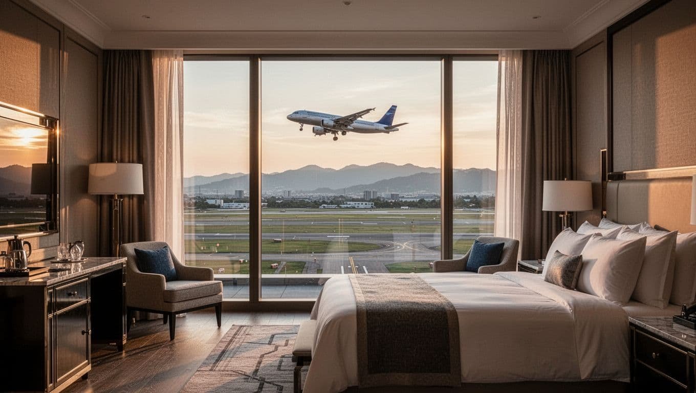 Top-floor Signature Runway View room at Fairmont Vancouver Airport with soundproof windows overlooking the runway, mountains, and a departing jet at dawn. Empty luxury setup with open curtains, cinematic style featuring strong contrast, depth, and dramatic lighting.