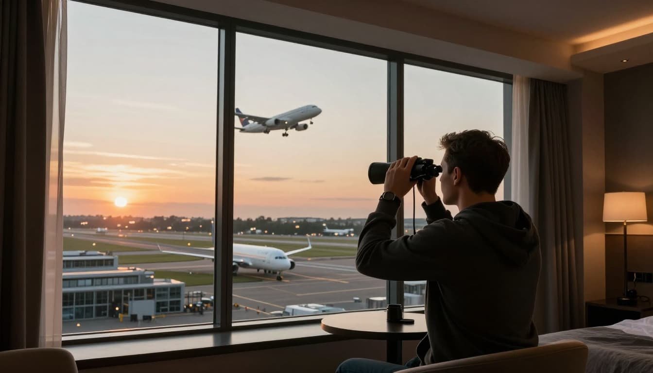 Aviation enthusiast in modern hotel room holding binoculars, overlooking Gatwick Airport runway with planes taking off, cinematic sunset lighting and dramatic contrast.