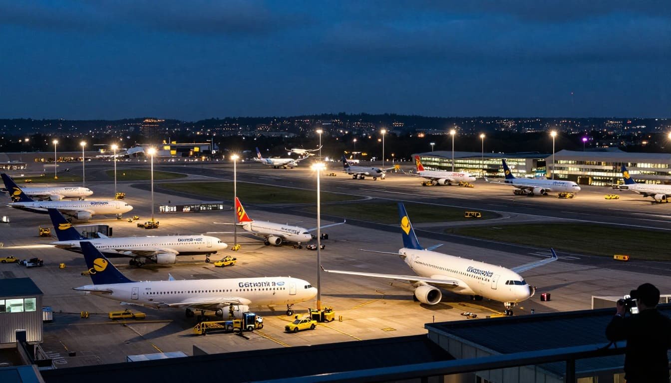 Wide cinematic view from a Gatwick Airport hotel balcony at dusk, showing multiple aircraft parked on the apron and taxiing on the runway, airport lights glowing, a single spotter with camera, and distant cityscape.