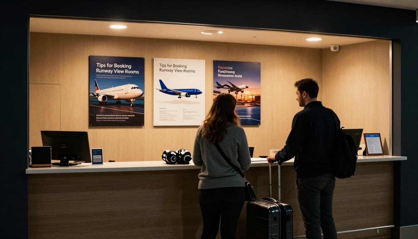 A traveler with plane spotter gear checks into the front desk at a Gatwick airport hotel, greeted by friendly staff in a warmly lit interior featuring aviation posters on the wall.