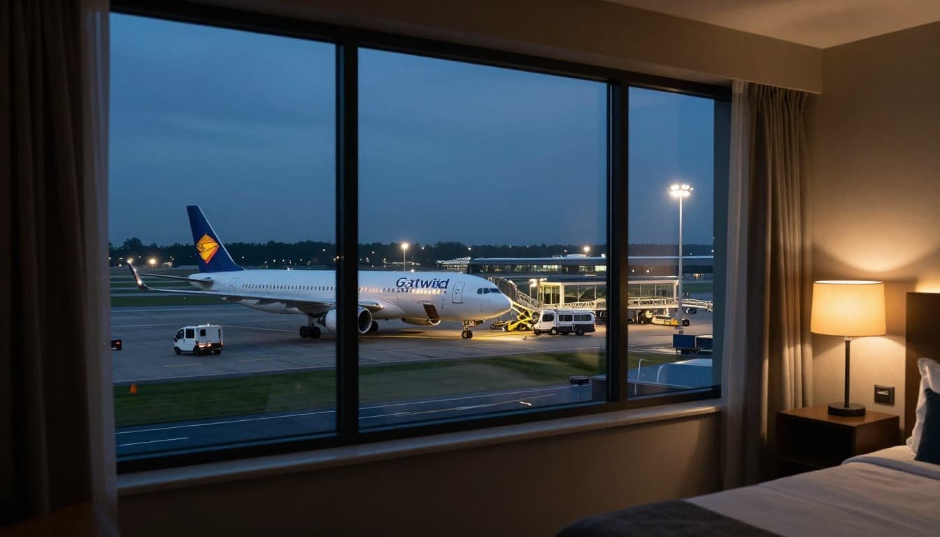 Cozy hotel room interior featuring a window framing the Gatwick airport apron with parked and servicing aircraft illuminated by evening lights, rendered in cinematic style with strong contrast, depth, and dramatic lighting.