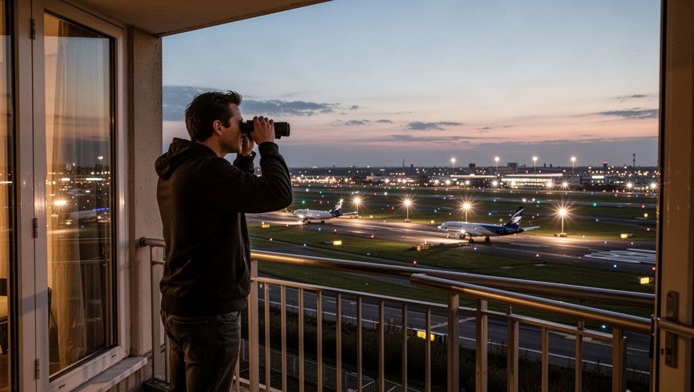 An aviation enthusiast stands by a hotel room window overlooking the Gatwick runway at dusk, using binoculars to watch planes taxiing on the tarmac amid dramatic lighting, cityscape, and airport lights.