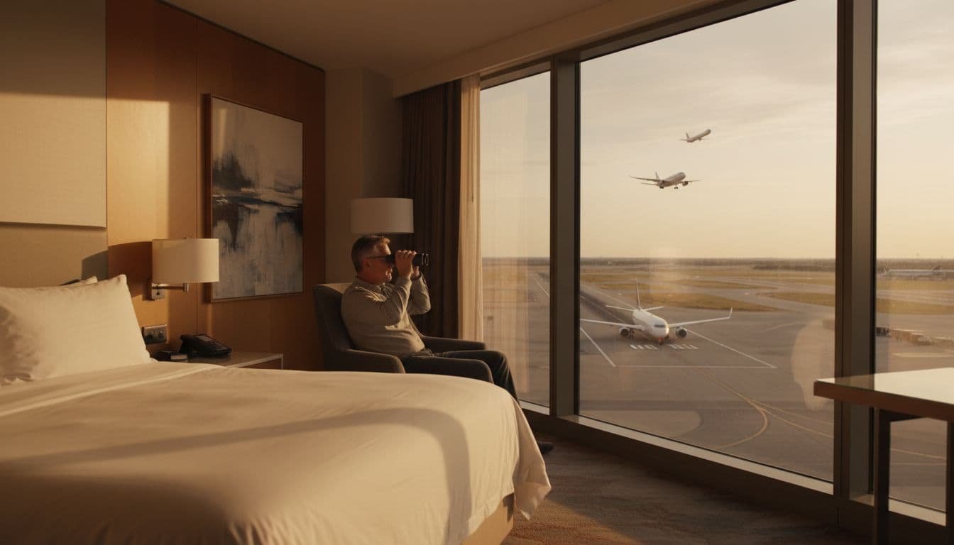High-floor hotel room interior at Grand Hyatt DFW with floor-to-ceiling windows showing busy runway with planes taxiing and taking off, featuring a person relaxed with binoculars by the window during golden hour.