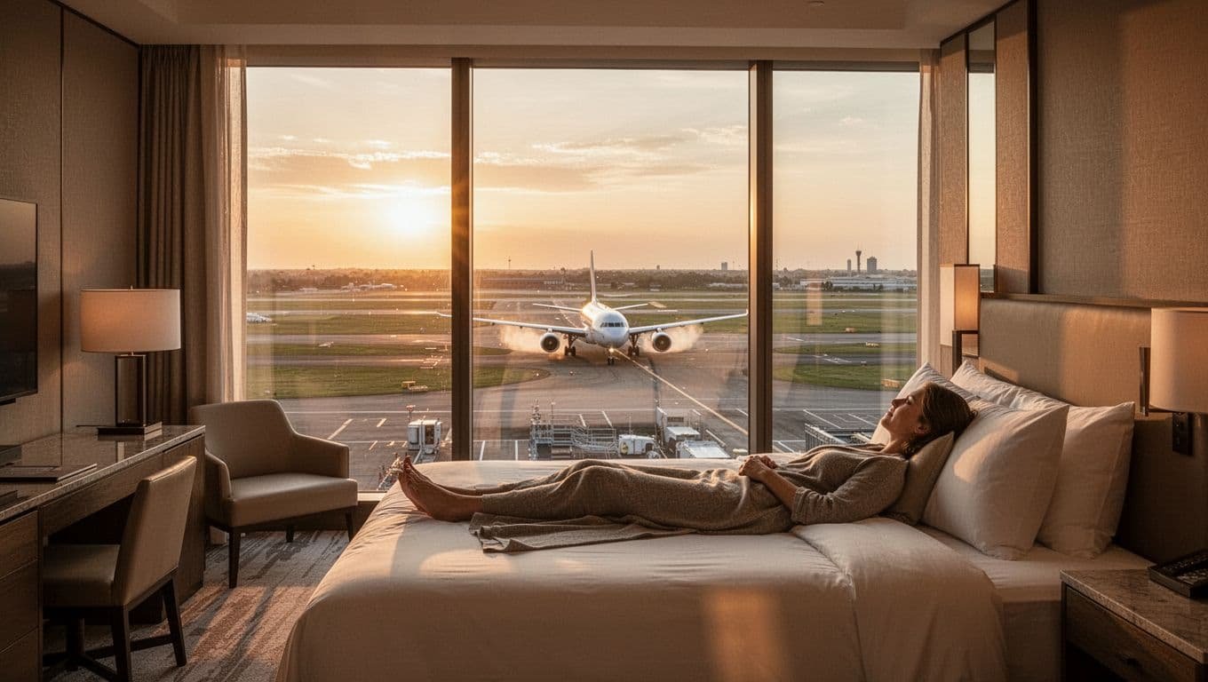 Modern luxury hotel room at Grand Hyatt SFO on a higher floor features floor-to-ceiling windows with a clear view of an active runway and a commercial jet taxiing for takeoff during golden hour sunset, one person relaxing on the bed watching planes.