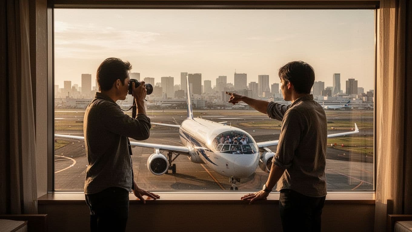 A lone plane spotter stands relaxed at a hotel room window framing the busy Haneda Airport runway during golden hour, photographing a large jet airliner taxiing close below with cockpit passengers visible and hazy Tokyo skyline in the distance.