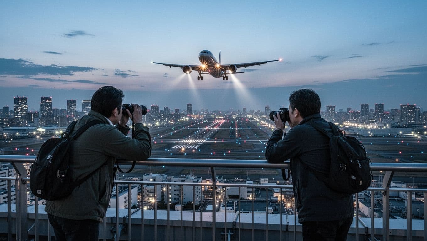 From the Hotel Metropolitan Tokyo Haneda rooftop observation deck at dusk, a low-flying passenger jet approaches the runway with landing lights on, while two relaxed plane spotters lean on the railing with binoculars and camera. Tokyo city lights twinkle in the cinematic landscape view with strong contrast, depth, dramatic lighting, and cool blue tones.