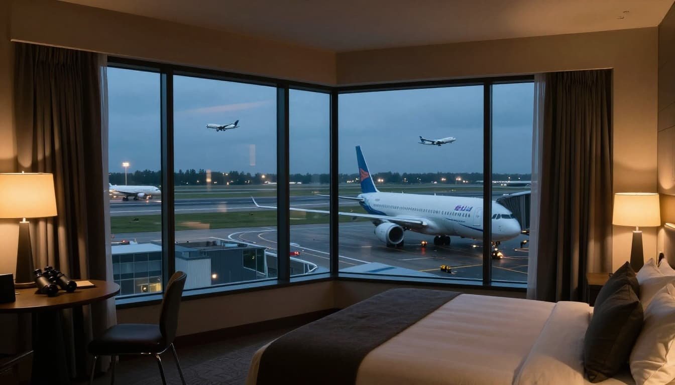 A modern hotel room at Heathrow Airport with floor-to-ceiling windows overlooking active runways, planes landing and taking off, cozy bed, spotting gear like binoculars on the table, and one spotting chair by the window. Warm interior lighting contrasts cool evening airport lights in a cinematic style with strong contrast and depth.