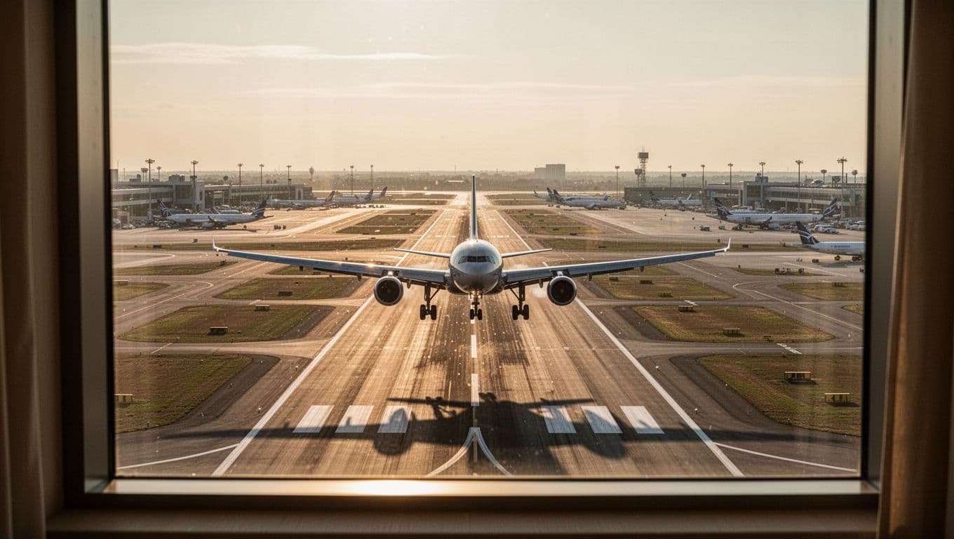 View from a high-floor hotel room window overlooking Heathrow Airport's northern runway, featuring a large jet airliner taking off towards the viewer with a busy airport apron in the background. Golden hour sunset lighting casts long shadows in a cinematic style with strong contrast, depth of field, and dramatic lighting.