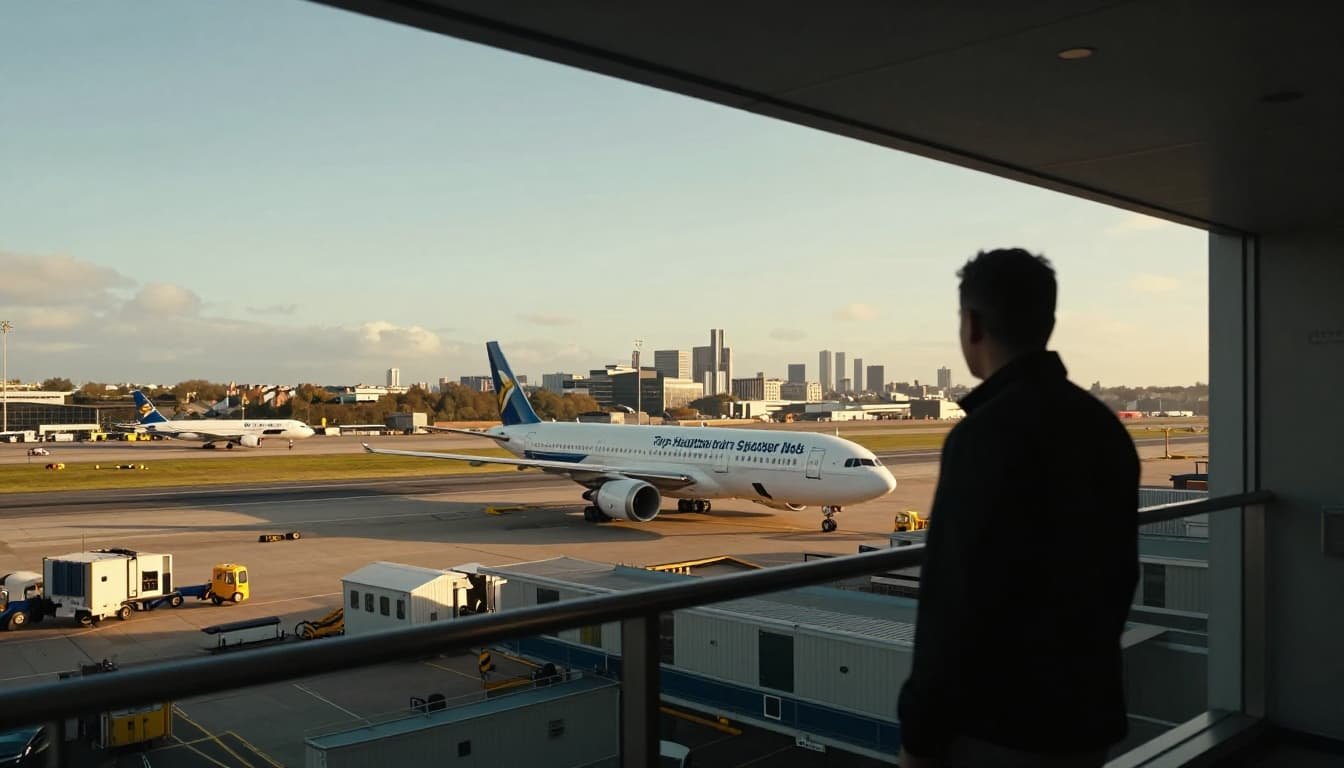 Aviation enthusiast on a hotel balcony overlooking Heathrow airport runway with planes taxiing in golden hour sunlight and city skyline in distance, cinematic style with dramatic lighting and depth.