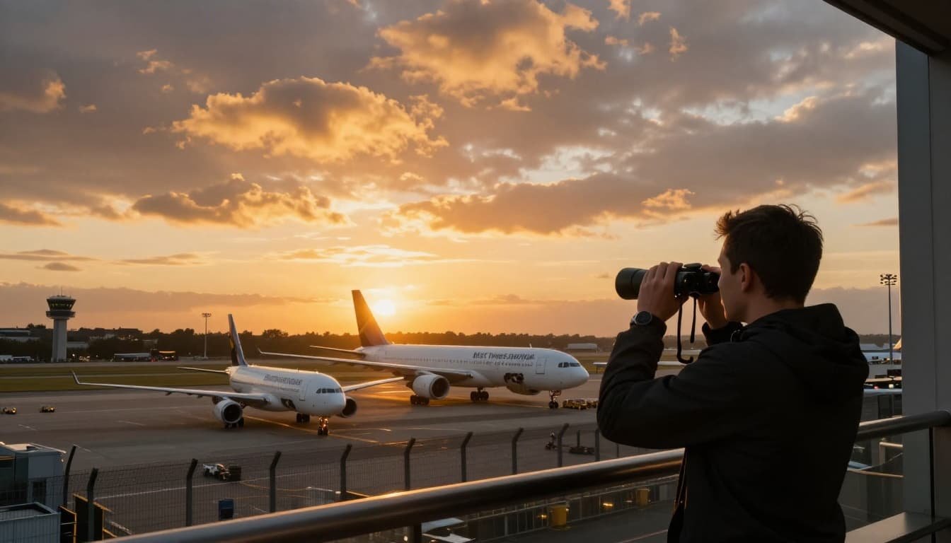 A relaxed plane spotter stands on a hotel balcony overlooking Heathrow runways at sunset, holding binoculars as aircraft taxi and park on the apron below, with dramatic golden hour lighting, control tower, and perimeter fence visible.