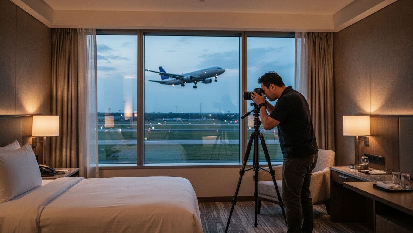 A solo plane spotter in a modern hotel room positions a DSLR camera on a tripod at the window overlooking Heathrow runways during dusk, capturing an incoming Boeing 777 on final approach with warm room lights contrasting cool twilight.