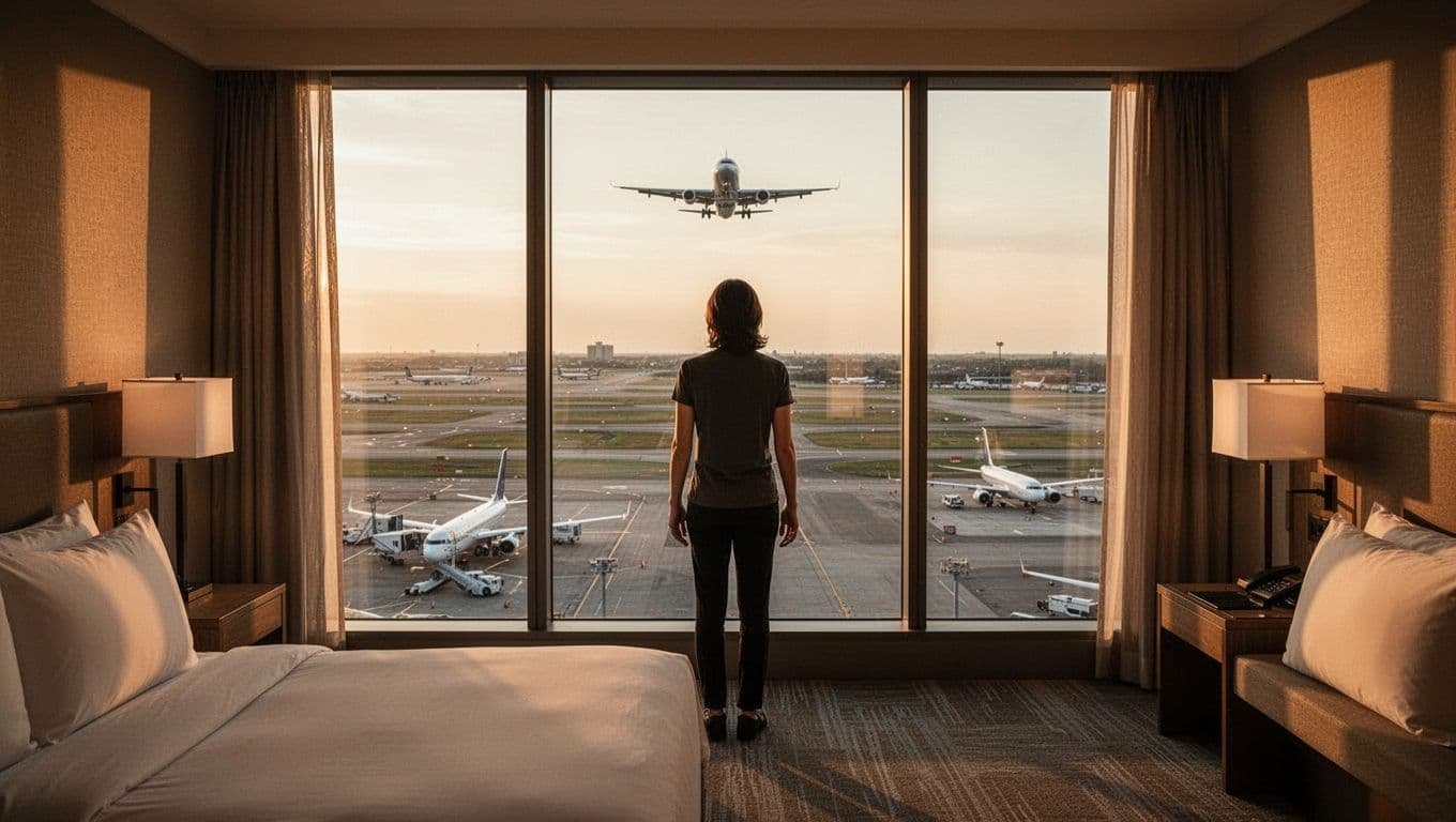 Cozy modern hotel room on a high floor with floor-to-ceiling windows providing an unobstructed view of busy airport runways, planes taxiing, and a distant plane on final approach during golden hour. One relaxed person stands at the window under warm interior lighting in cinematic style with dramatic contrast.