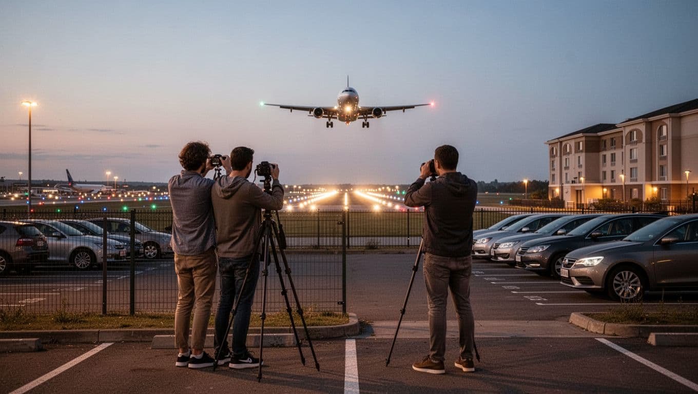 Two aviation enthusiasts with cameras on tripods photograph an approaching airplane over runway lights from a hotel parking lot near the airport perimeter fence at dusk. The cinematic scene includes parked cars, the hotel building in the background, and clear unobstructed views with dramatic lighting and strong contrast.