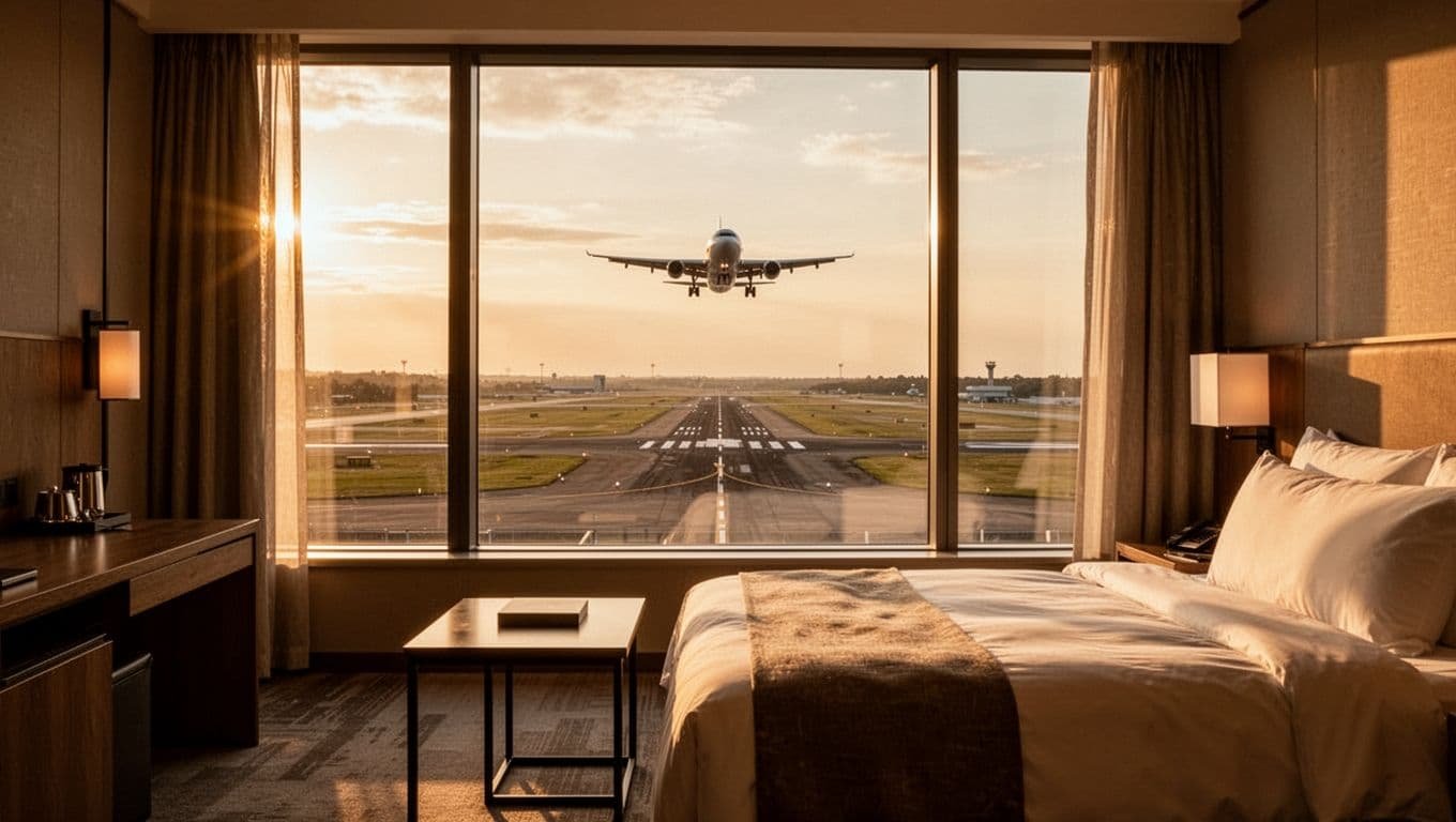 Modern hotel room interior with cozy bed and coffee table, window view of active airport runway and a single plane landing in the distance during dramatic golden hour lighting.