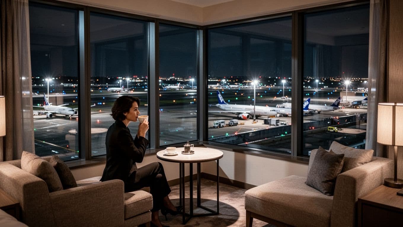 Modern corner hotel room at Hyatt Regency DFW on a higher floor with large windows overlooking busy airport runways at night, featuring aircraft lights, taxiing planes, and one person at the window with coffee in cinematic style with dramatic lighting.