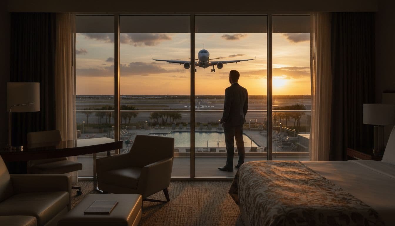 Upscale Hyatt Regency Orlando airport hotel room with floor-to-ceiling glass doors overlooking runway and pool, aircraft landing at dusk, one guest by window, modern decor and cinematic lighting.