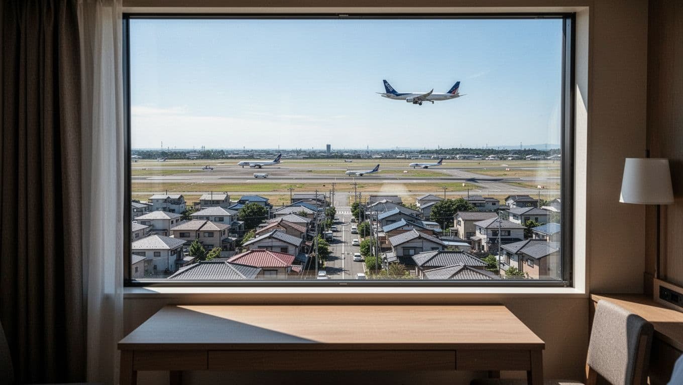Upper floor hotel room window frames partial view of airport runway, taxiing planes over Queens rooftops and roads, with airplane on final approach in clear daytime weather. Simple room interior with desk, cinematic style featuring strong contrast, depth, and dramatic lighting, no people, exactly one window.