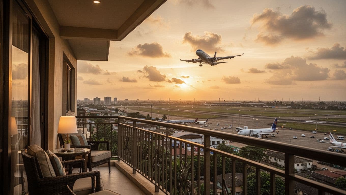 Hotel balcony offering a prime view of the busy runway at Kotoka International Airport in Accra, Ghana, with planes taxiing and taking off amid a tropical evening sky and warm golden light.