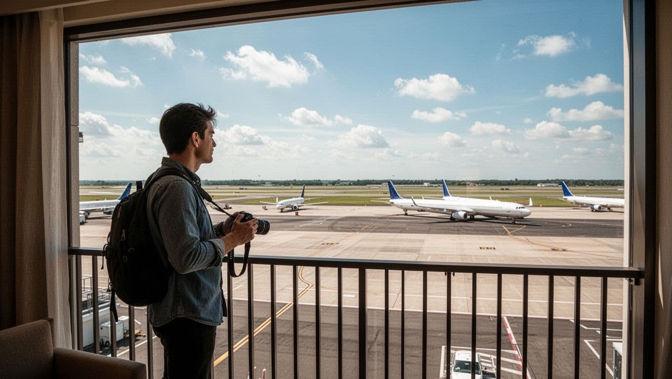 Hotel room balcony overlooking LAX airport apron and taxiways during daytime, with airliners like Boeing 737 and Airbus A320 parked and taxiing, one person at window with camera.