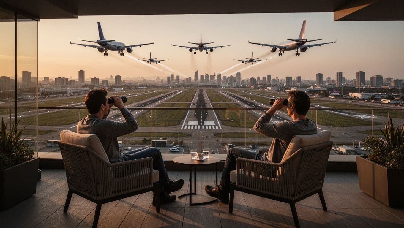 Cinematic golden hour view from a modern hotel rooftop deck showing planes landing on LAX north and south runways, with one person relaxing in a chair using binoculars and cityscape in the background.