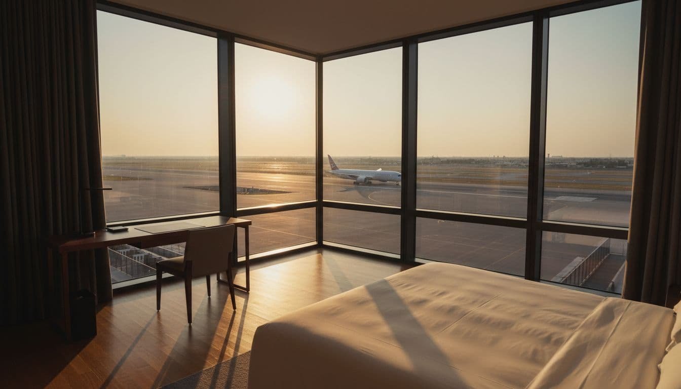 Modern luxury hotel room on a higher floor corner with large floor-to-ceiling windows overlooking an active airport runway, a commercial jet taxiing towards takeoff in golden hour evening light with dramatic shadows and cinematic depth of field.